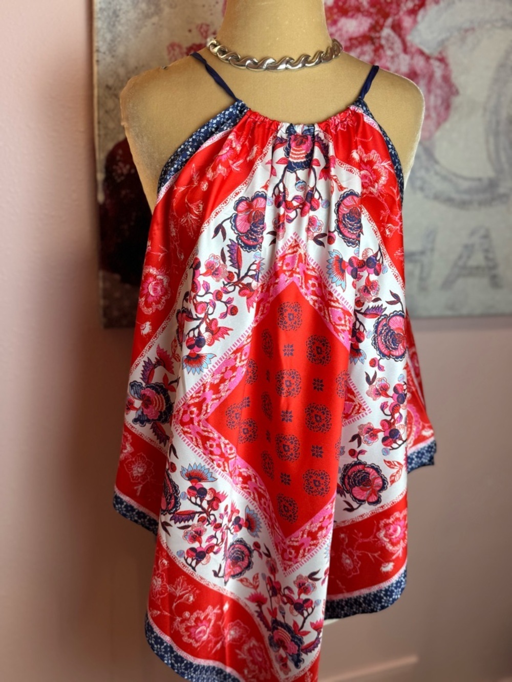 Women Red Floral Hankerchief Halter Top